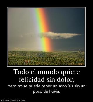 Todo el mundo quiere felicidad sin dolor, pero no se puede tener un arco iris sin un poco de lluvia.