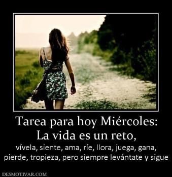 Tarea para hoy Miércoles: La vida es un reto,  vívela, siente, ama, ríe, llora, juega, gana, pierde, tropieza, pero siempre levántate y sigue