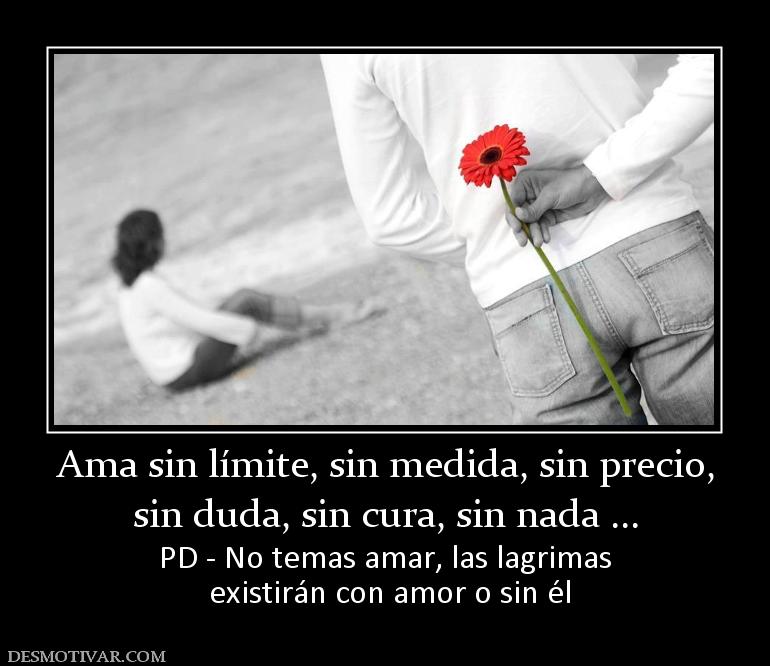 Ama sin límite, sin medida, sin precio sin duda, sin cura, sin nada ... PD - No temas amar, las lagrimas  existirán con amor o sin él