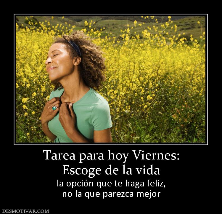 Tarea para hoy Viernes: Escoge de la vida  la opción que te haga feliz, no la que parezca mejor