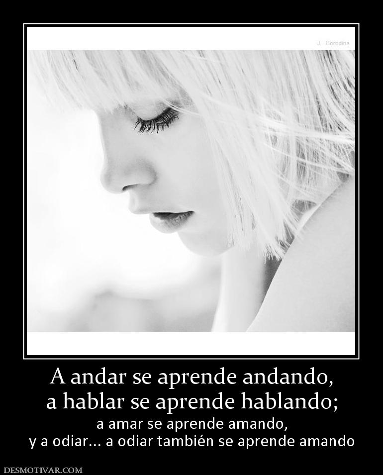 A andar se aprende andando, a hablar se aprende hablando;  a amar se aprende amando, y a odiar... a odiar también se aprende amando