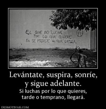 Levántate, suspira, sonríe, y sigue adelante.  Si luchas por lo que quieres, tarde o temprano, llegará.