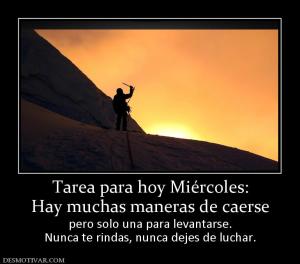 Tarea para hoy Miércoles: Hay muchas maneras de caerse pero solo una para levantarse. Nunca te rindas, nunca dejes de luchar.