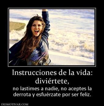 Instrucciones de la vida: diviértete, no lastimes a nadie, no aceptes la derrota y esfuérzate por ser feliz.