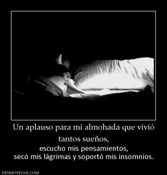 Un aplauso para mi almohada que vivió tantos sueños, escucho mis pensamientos, secó mis lágrimas y soportó mis insomnios.