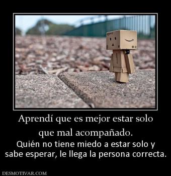 Aprendí que es mejor estar solo que mal acompañado.  Quién no tiene miedo a estar solo y sabe esperar, le llega la persona correcta.