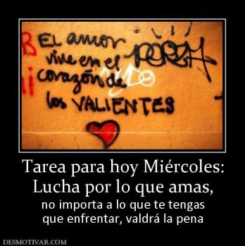 Tarea para hoy Miércoles: Lucha por lo que amas,  no importa a lo que te tengas que enfrentar, valdrá la pena