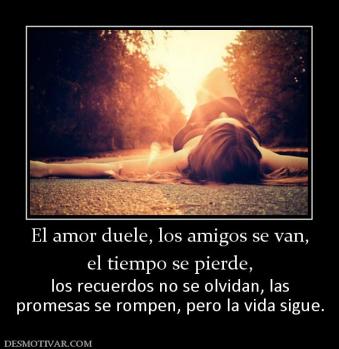 El amor duele, los amigos se van, el tiempo se pierde, los recuerdos no se olvidan, las promesas se rompen, pero la vida sigue.