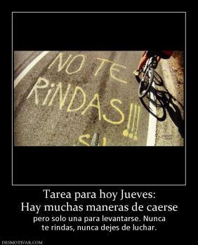 Tarea para hoy Jueves: Hay muchas maneras de caerse pero solo una para levantarse. Nunca te rindas, nunca dejes de luchar.