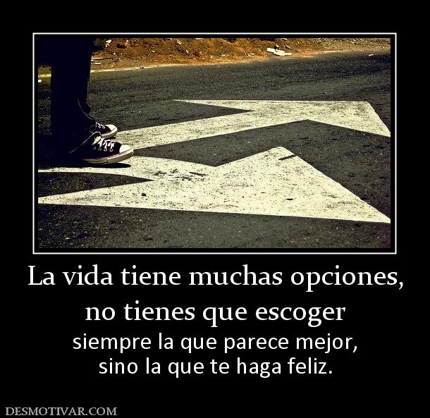 La vida tiene muchas opciones, no tienes que escoger  siempre la que parece mejor, sino la que te haga feliz.