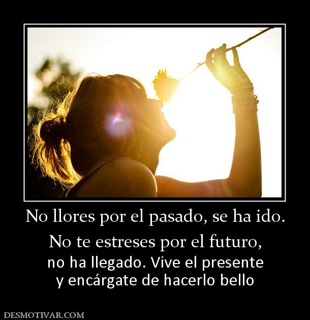 No llores por el pasado, se ha ido. No te estreses por el futuro, no ha llegado. Vive el presente y encárgate de hacerlo bello