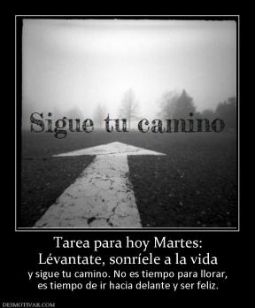 Tarea para hoy Martes: Lévantate, sonríele a la vida  y sigue tu camino. No es tiempo para llorar, es tiempo de ir hacia delante y ser feliz.