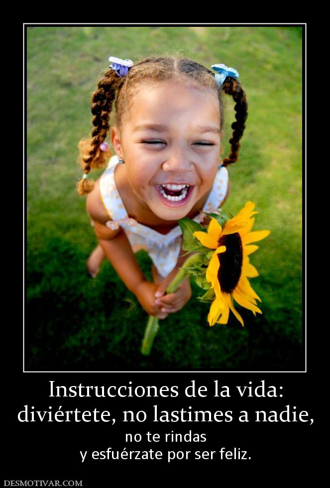 Instrucciones de la vida: diviértete, no lastimes a nadie,  no te rindas y esfuérzate por ser feliz.