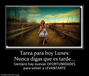 Tarea para hoy Lunes: Nunca digas que es tarde... Siempre hay nuevas OPORTUNIDADES para volver a LEVANTARTE