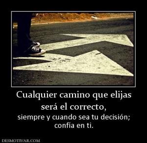 Cualquier camino que elijas será el correcto,  siempre y cuando sea tu decisión; confía en ti.