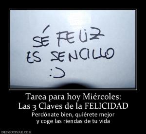 Tarea para hoy Miércoles: Las 3 Claves de la FELICIDAD Perdónate bien, quiérete mejor y coge las riendas de tu vida