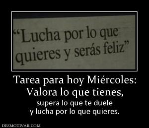 Tarea para hoy Miércoles: Valora lo que tienes,  supera lo que te duele y lucha por lo que quieres.