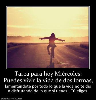 Tarea para hoy Miércoles: Puedes vivir la vida de dos formas, lamentándote por todo lo que la vida no te dio o disfrutando de lo que sí tienes. ¡Tú eliges!