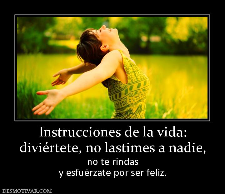 Instrucciones de la vida: diviértete, no lastimes a nadie, no te rindas y esfuérzate por ser feliz.