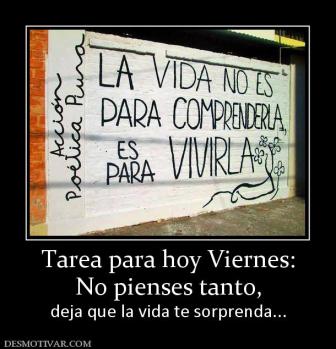 Tarea para hoy Viernes: No pienses tanto,  deja que la vida te sorprenda...