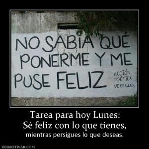 Tarea para hoy Lunes: Sé feliz con lo que tienes, mientras persigues lo que deseas.