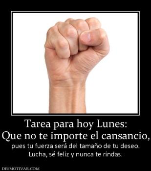 Tarea para hoy Lunes: Que no te importe el cansancio,  pues tu fuerza será del tamaño de tu deseo. Lucha, sé feliz y nunca te rindas.