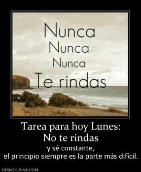 Tarea para hoy Lunes: No te rindas y sé constante, el principio siempre es la parte más difícil.