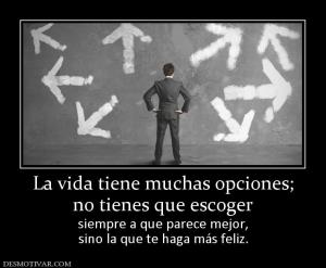 La vida tiene muchas opciones; no tienes que escoger siempre a que parece mejor, sino la que te haga más feliz.