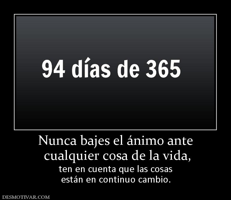 Nunca bajes el ánimo ante  cualquier cosa de la vida, ten en cuenta que las cosas están en continuo cambio.