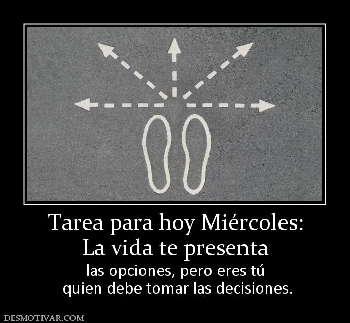 Tarea para hoy Miércoles: La vida te presenta  las opciones, pero eres tú  quien debe tomar las decisiones.