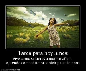 Tarea para hoy lunes: Vive como si fueras a morir mañana. Aprende como si fueras a vivir para siempre.