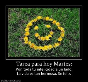 Tarea para hoy Martes: Pon toda tu infelicidad a un lado. La vida es tan hermosa. Se feliz.