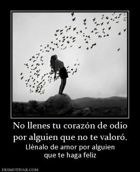 No llenes tu corazón de odio por alguien que no te valoró.  Llénalo de amor por alguien que te haga feliz