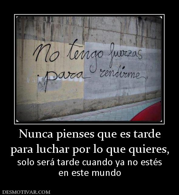 Nunca pienses que es tarde para luchar por lo que quieres, solo será tarde cuando ya no estés en este mundo